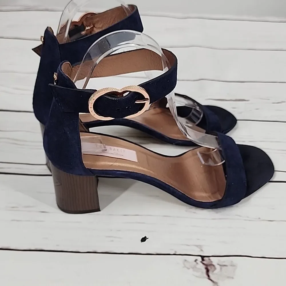 Ted Baker Qarvas Navy Blue Suede Open Toe Ankle Strap Sandals 9.5